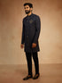 Men's Navy Blue Solid Sequin Zardozi Embroidery Indo-Western with Black Pant Style Pyjama Set