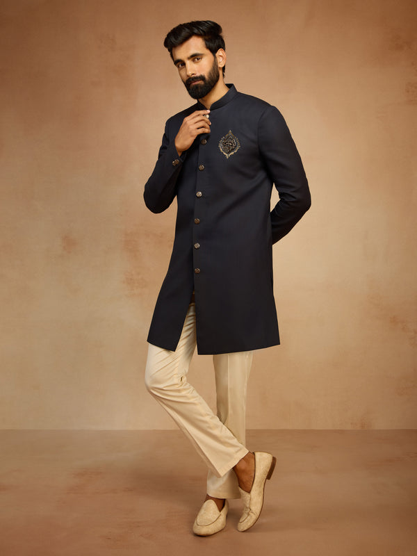 Men's Navy Blue Solid Sequin Zardozi Embroidery Indo-Western with Cream Pant Style Pyjama Set