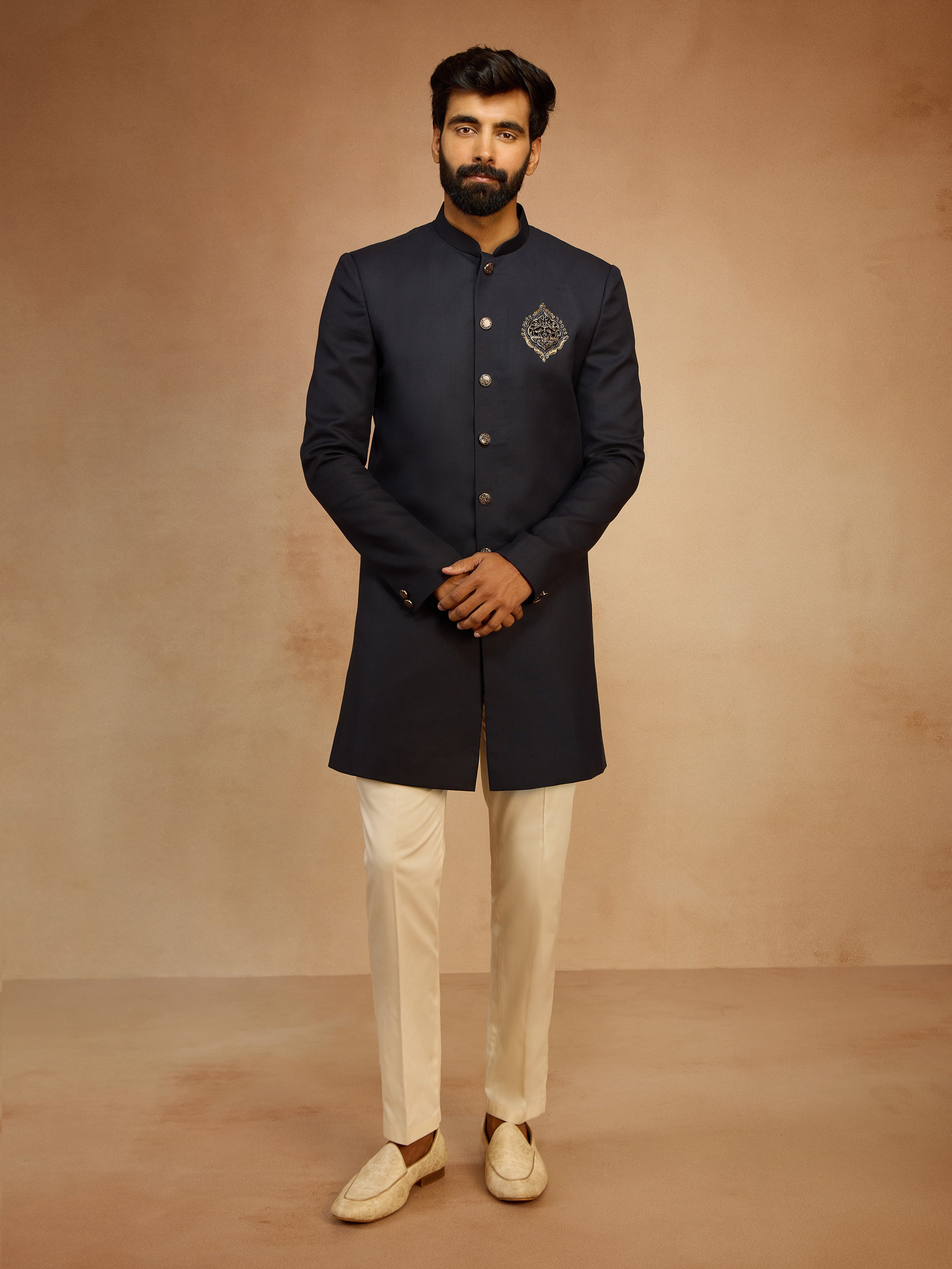 Men's Navy Blue Solid Sequin Zardozi Embroidery Indo-Western with Cream Pant Style Pyjama Set