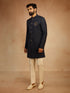 Men's Navy Blue Solid Sequin Zardozi Embroidery Indo-Western with Cream Pant Style Pyjama Set
