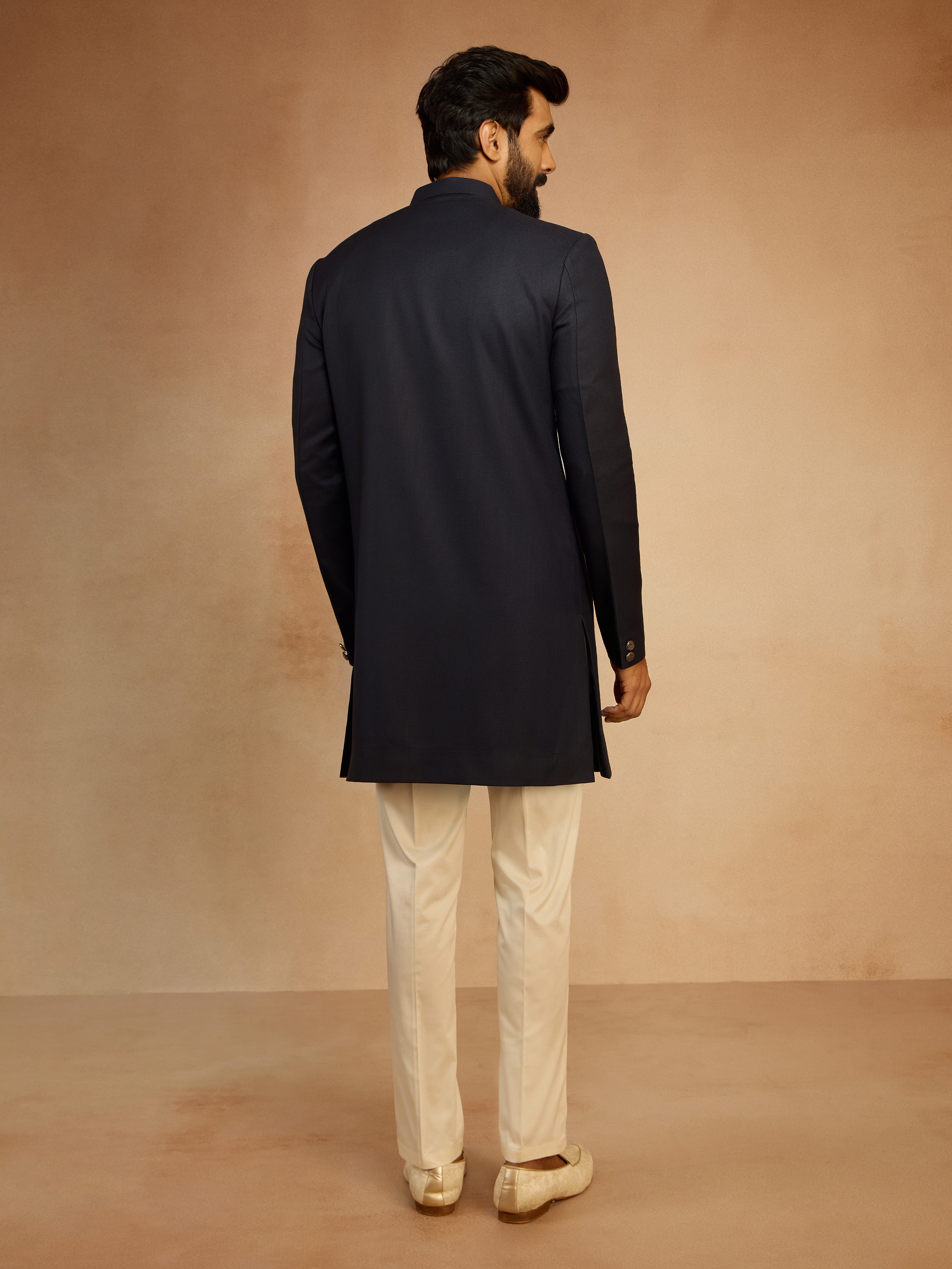 Men's Navy Blue Solid Sequin Zardozi Embroidery Indo-Western with Cream Pant Style Pyjama Set