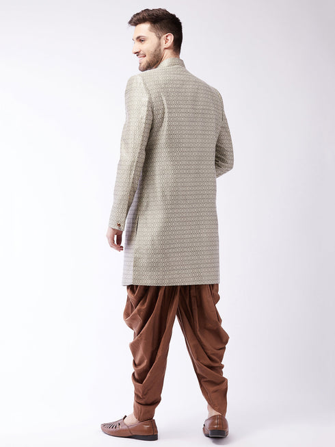 Men's Beige, Grey And Coffee Brown Silk Blend Sherwani Set