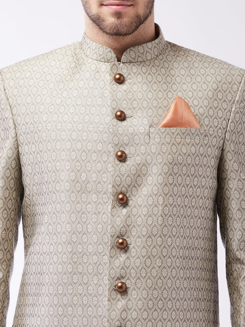 Men's Beige, Grey And Coffee Brown Silk Blend Sherwani Set