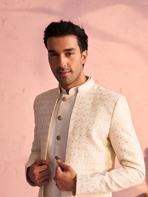 Men's Cream Schiffli Worked With Sequin Detailing Indo With Sleeveless Kurta Pant Set
