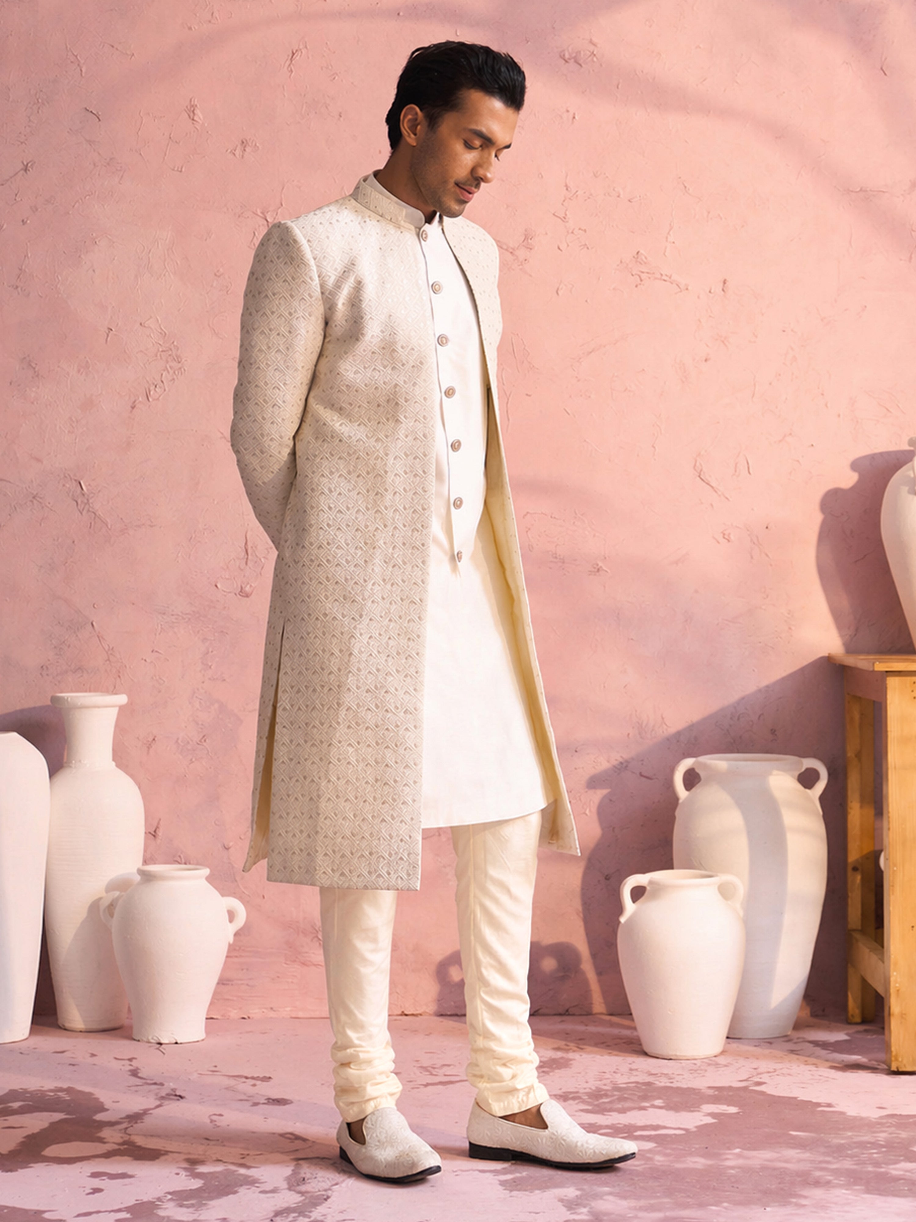 Off White Cotton Blend Embroidered Sherwani Set for Men