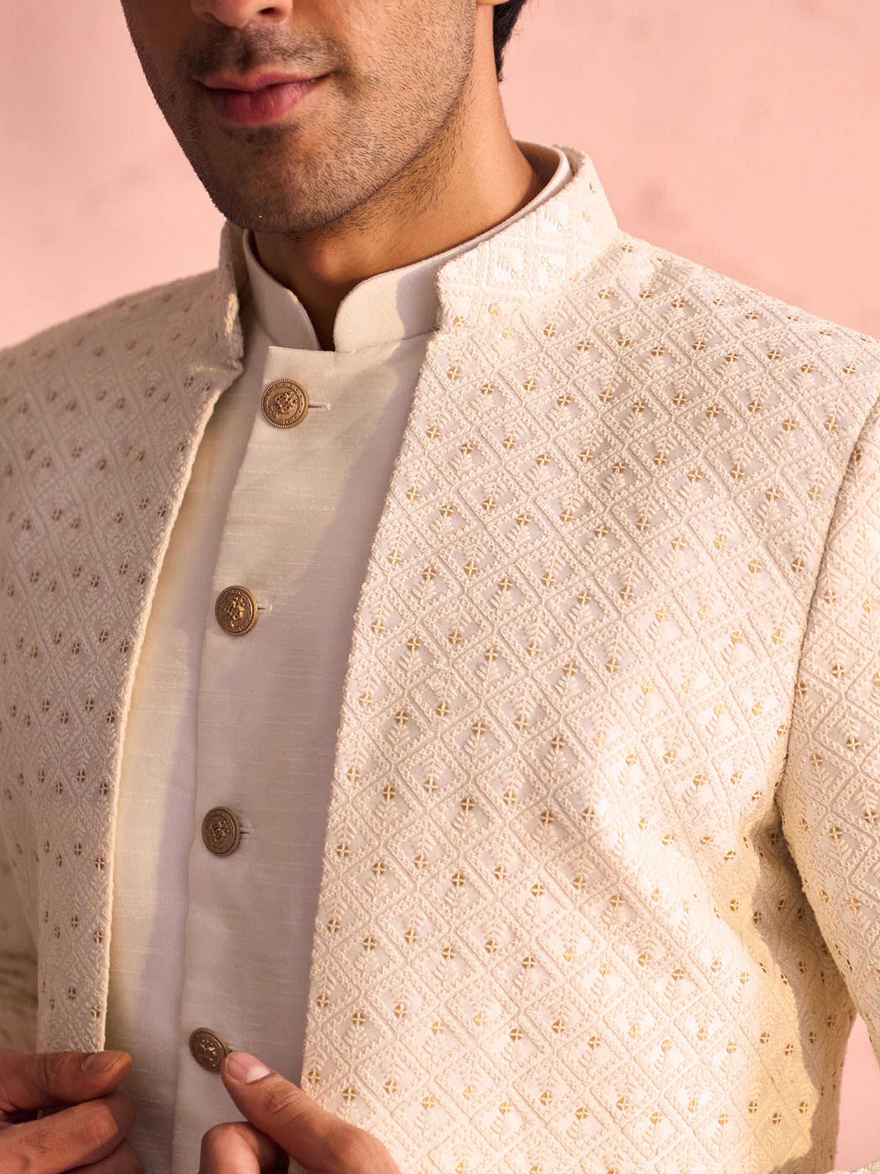 Men's Off White Cotton-Blend Ethnic Motiff Knee Length Indo Western Set with Churidar
