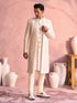 Men's Off White Cotton-Blend Ethnic Motiff Knee Length Indo Western Set with Churidar