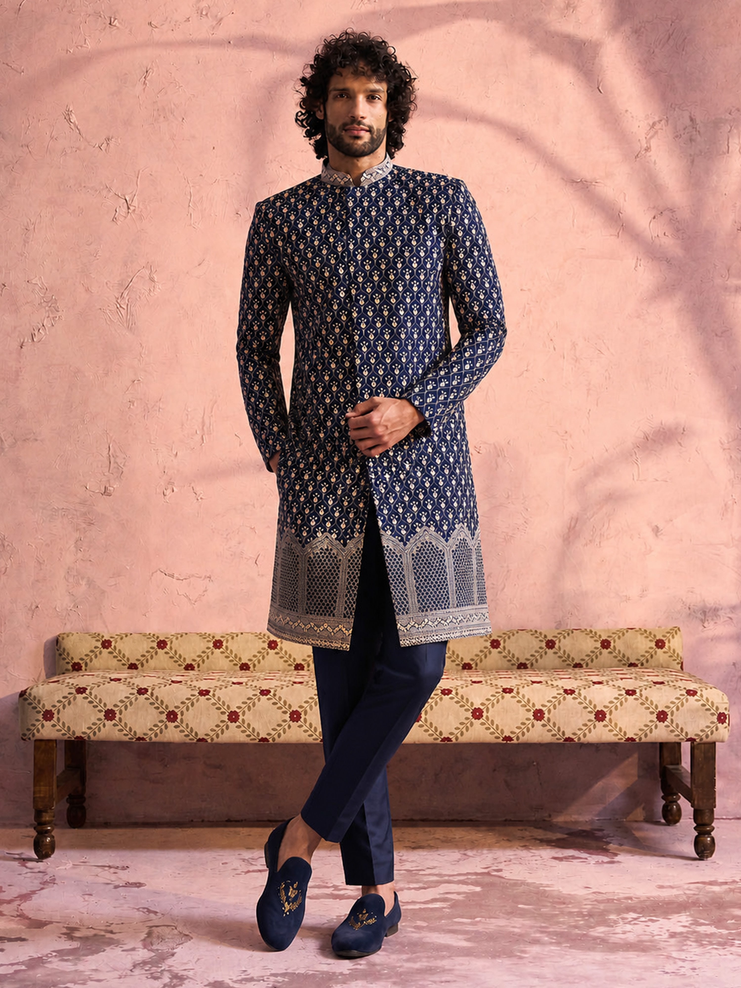 Men Navy Blue Mirror Work & Resham Embroidery Georgette Sherwani-Style Indo-Western with Pant Set