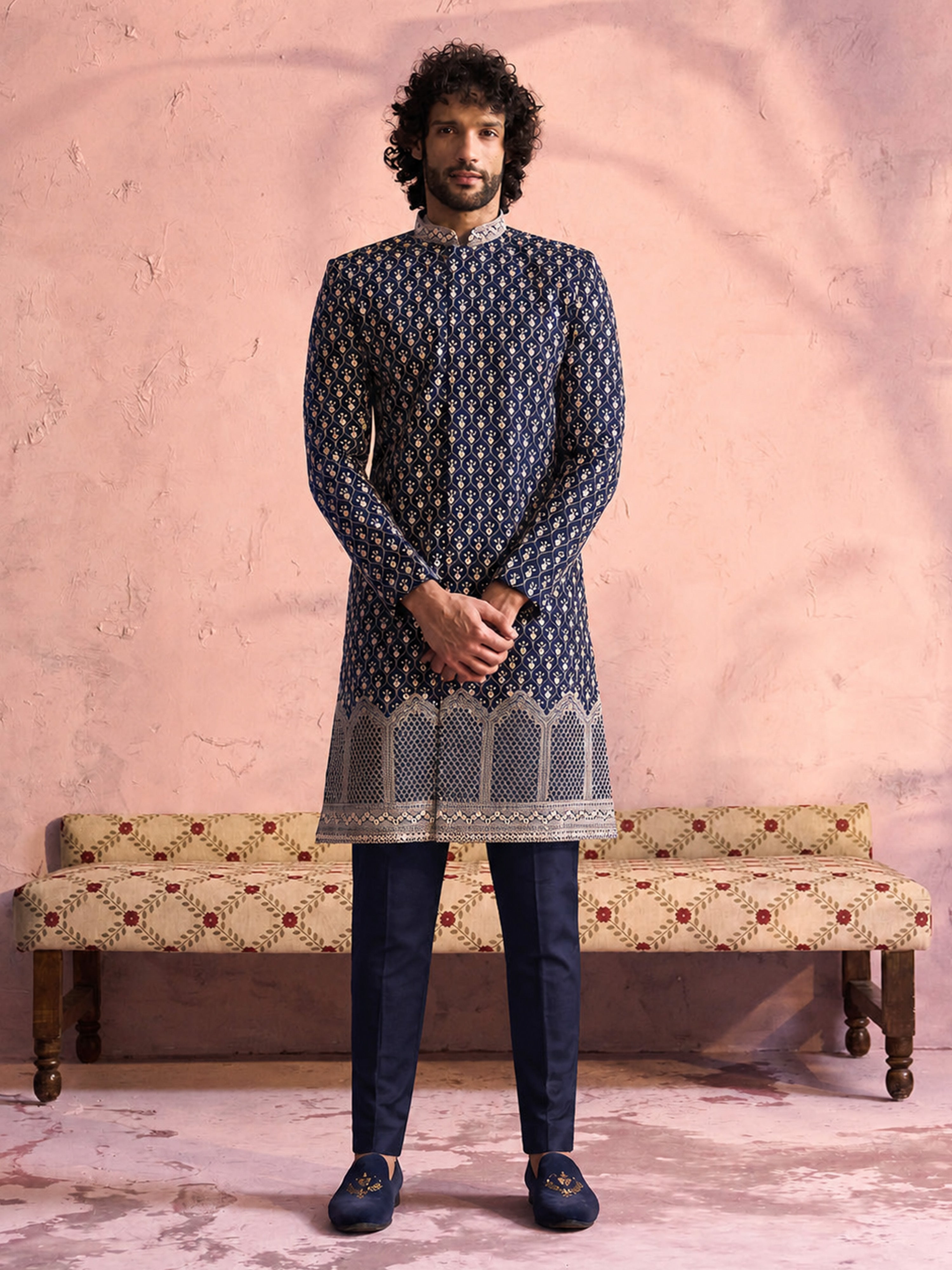 Men Navy Blue Mirror Work & Resham Embroidery Georgette Sherwani-Style Indo-Western with Pant Set