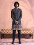 Men Navy Blue Mirror Work & Resham Embroidery Georgette Sherwani-Style Indo-Western with Pant Set