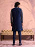 Men Navy Blue Mirror Work & Resham Embroidery Georgette Sherwani-Style Indo-Western with Pant Set