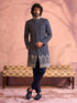 Men Navy Blue Mirror Work & Resham Embroidery Georgette Sherwani-Style Indo-Western with Solid Cotton Pant Set