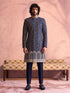Men Navy Blue Mirror Work & Resham Embroidery Georgette Sherwani-Style Indo-Western with Solid Cotton Pant Set