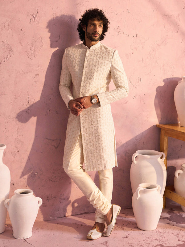 Men Cream Sequin Georgette Sherwani with Silk Blend Churidar Set