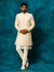 Men Beige Jacquard Silk Blend Indo-Western with Cream Kurta & Pant Set