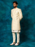 Men Beige Jacquard Silk Blend Indo-Western with Cream Kurta & Pant Set