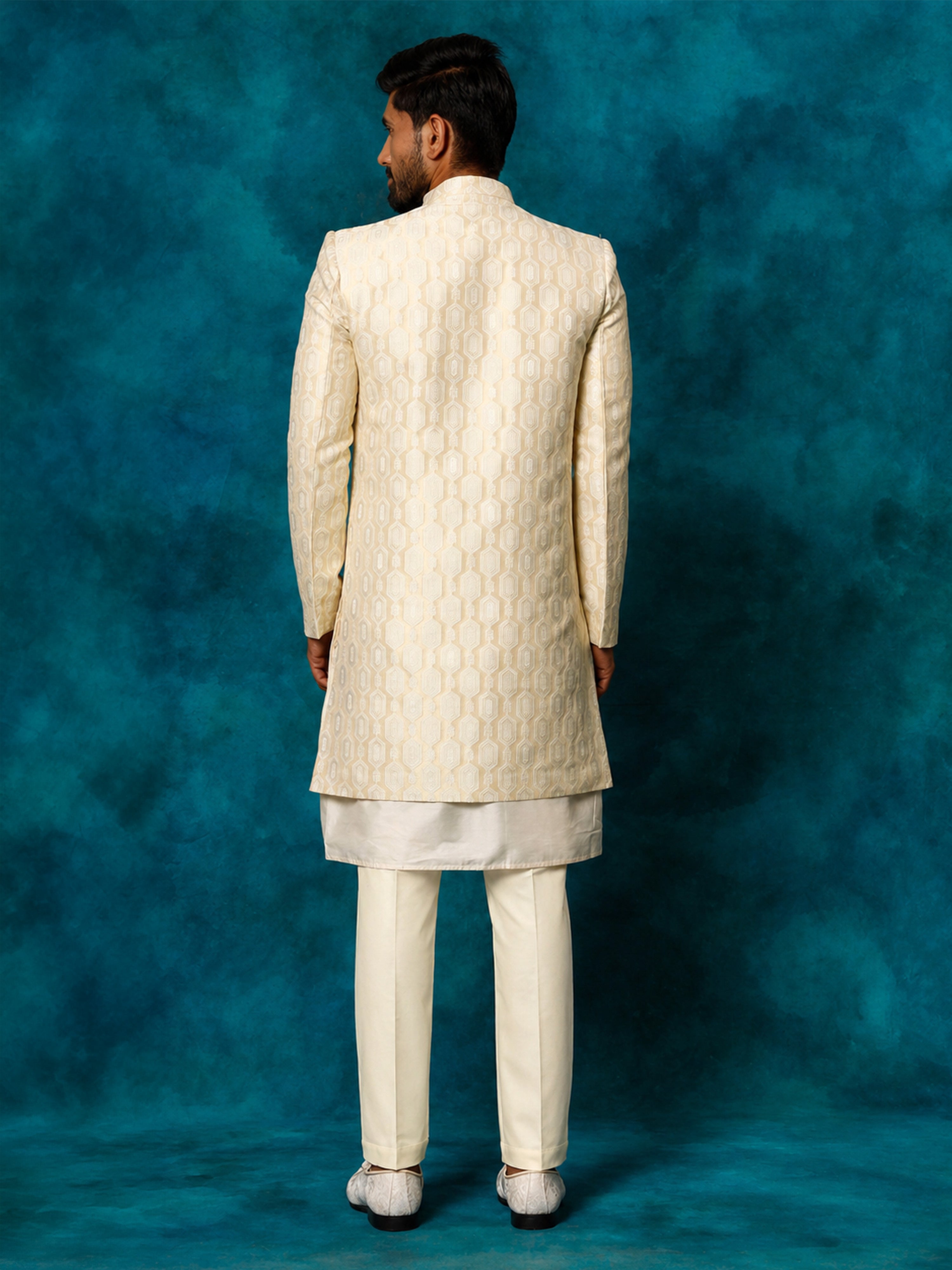 Men Beige Jacquard Silk Blend Indo-Western with Cream Kurta & Pant Set