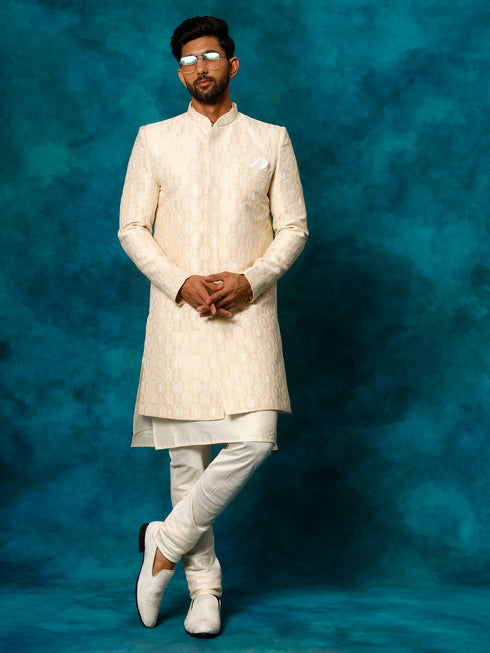 Men's Beige Imported Jacquard Indo With Kurta Pyjama Set