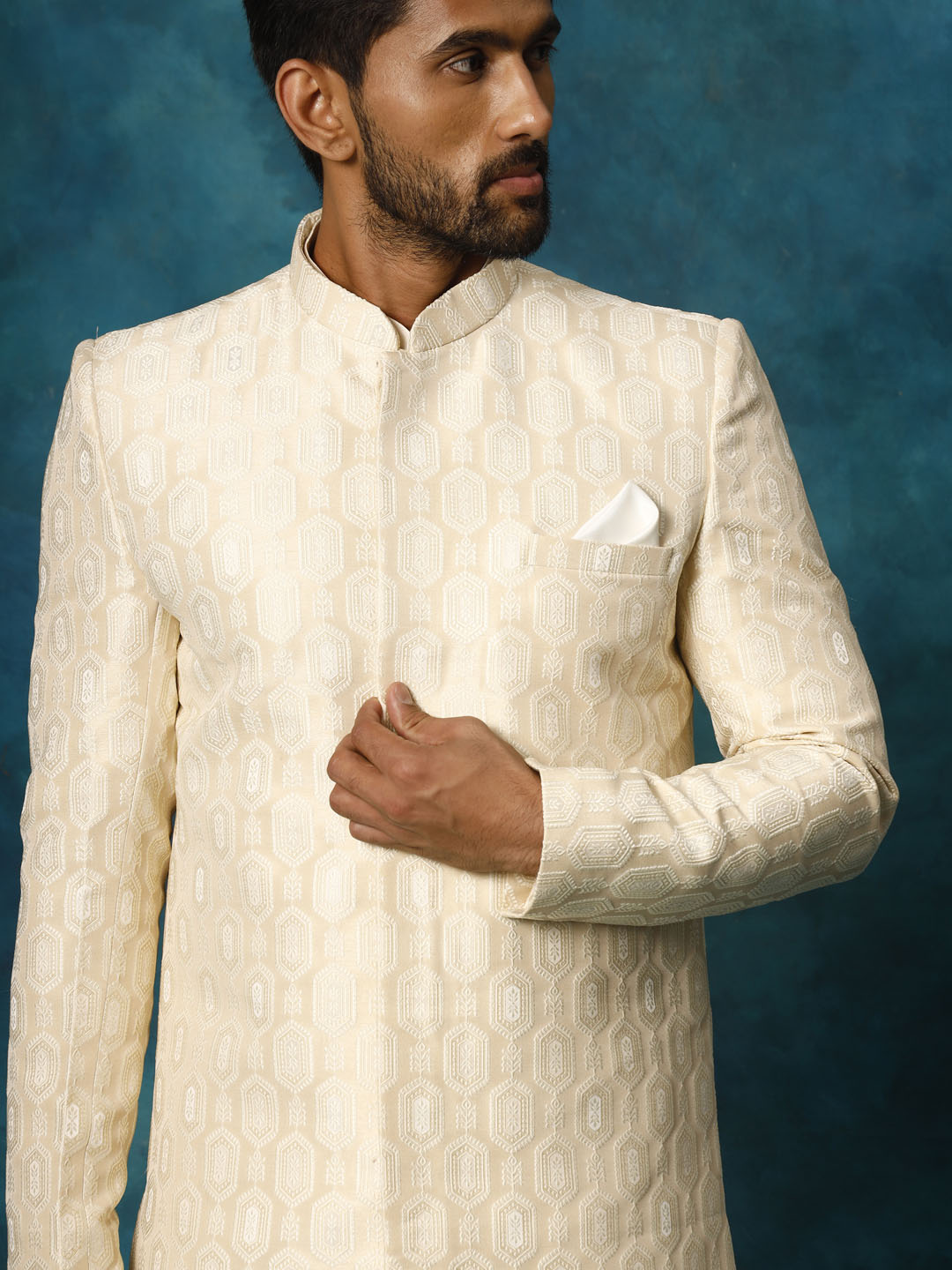 Men's Beige Imported Jacquard Indo With Kurta Pyjama Set