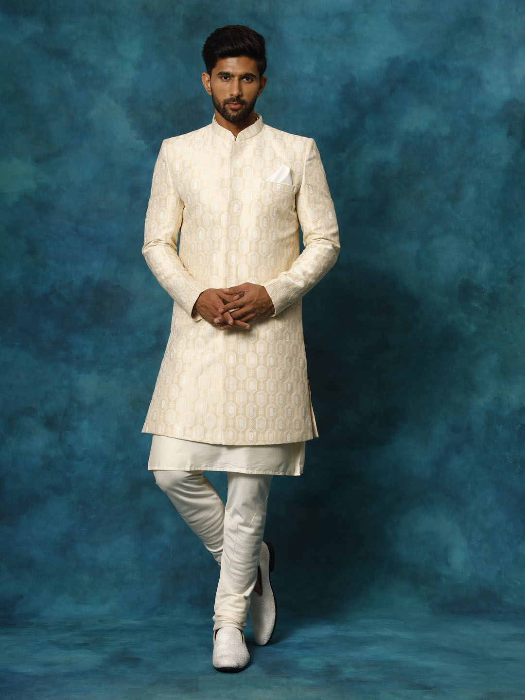 Men's Beige Imported Jacquard Indo With Kurta Pyjama Set
