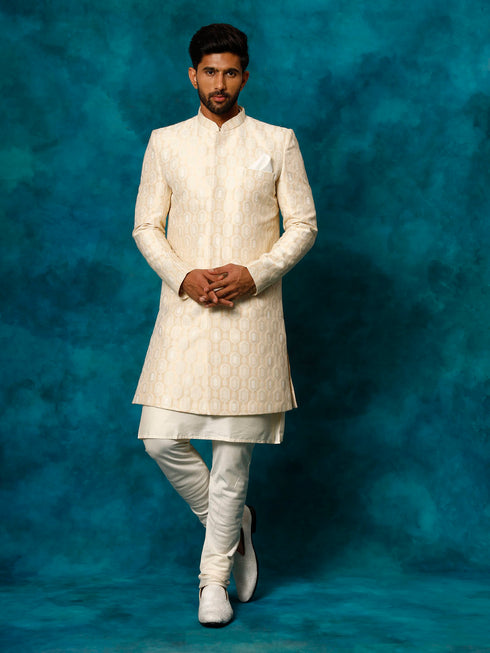 Men's Beige Imported Jacquard Indo With Kurta Pyjama Set