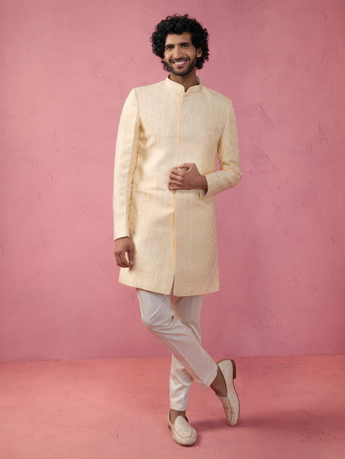Men's Beige Jacquard Indo-Western Kurta with Cream Trousers