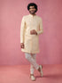 Men's Beige Jacquard Indo-Western Kurta with Cream Trousers