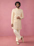 Cream Jacquard Self Design Indo Western Set with Wide Leg Pant