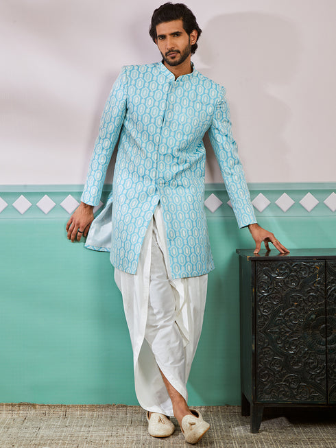 Men's Blue Silk Blend Sherwani Set