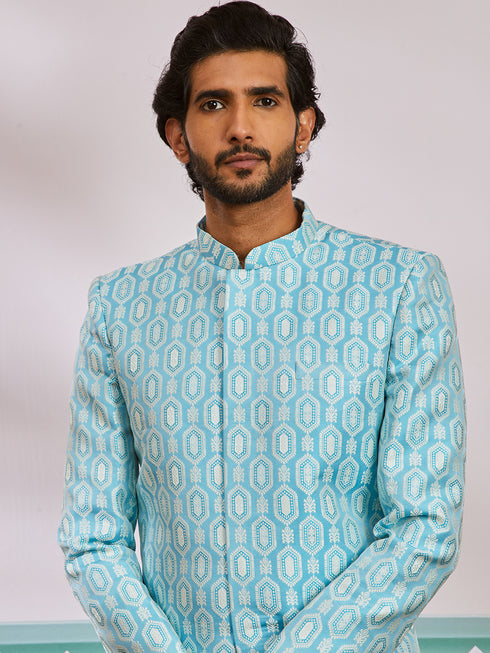 Men's Blue Silk Blend Sherwani Set