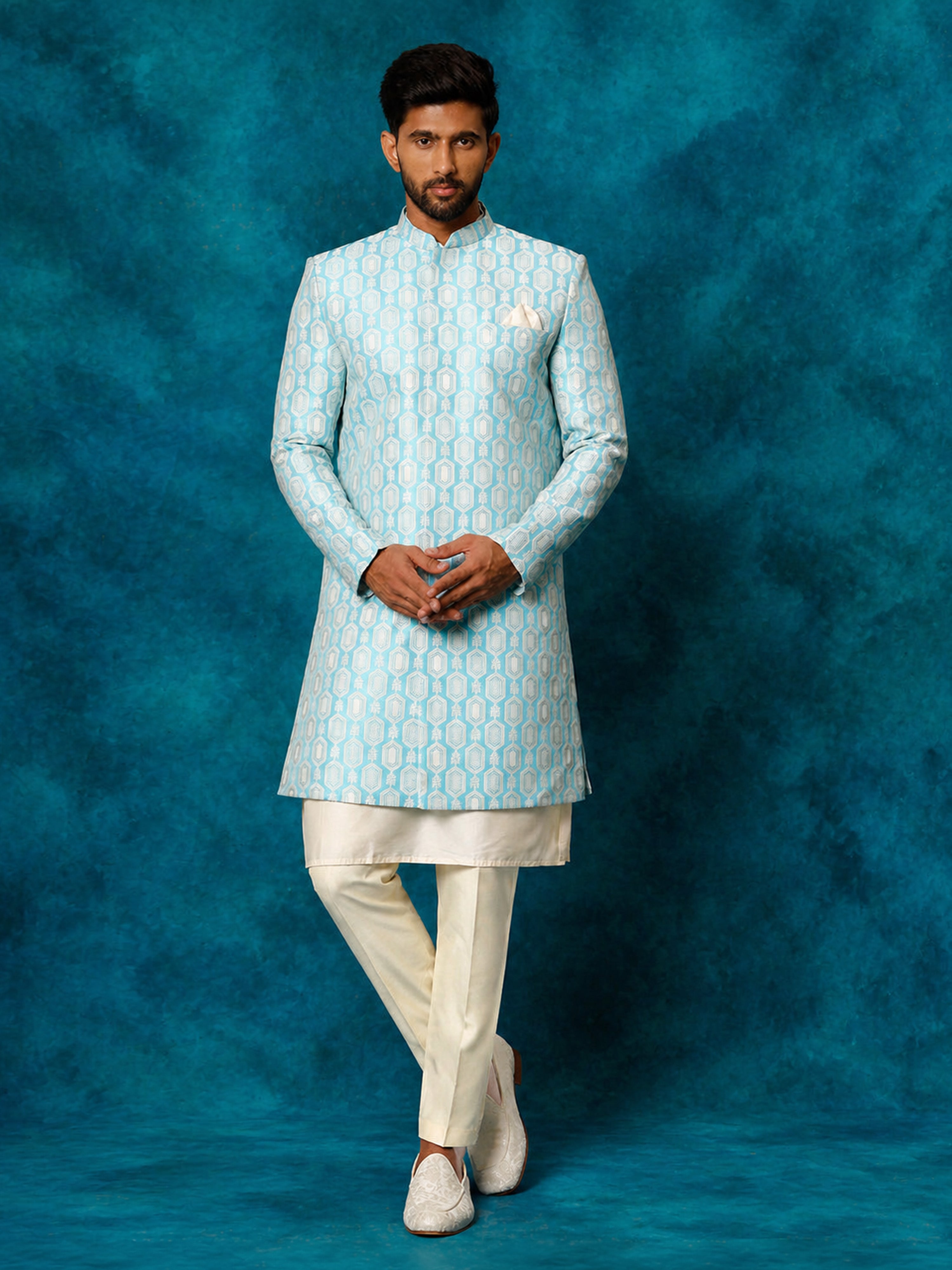 Men Blue Jacquard Silk Blend Indo-Western with Cream Kurta & Pant Set