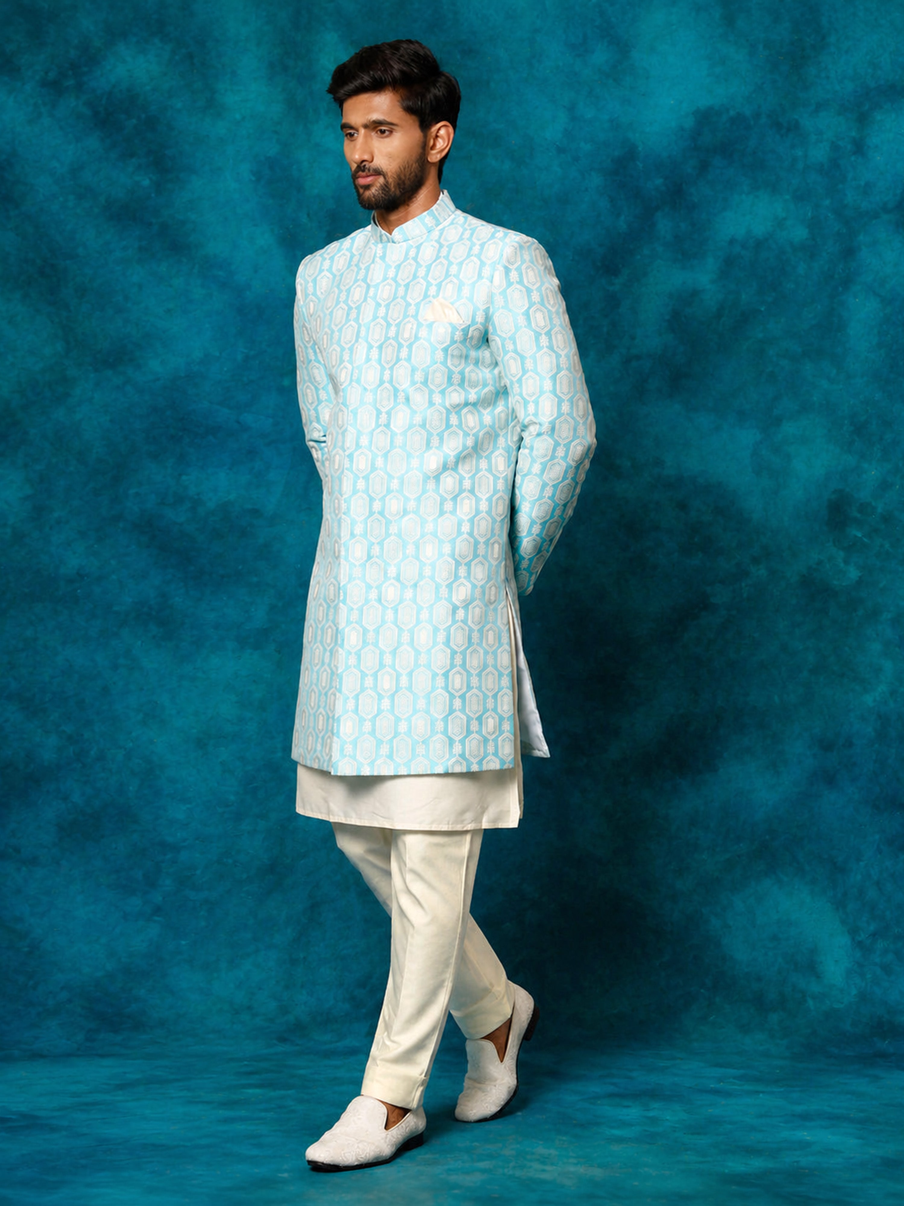 Men Blue Jacquard Silk Blend Indo-Western with Cream Kurta & Pant Set