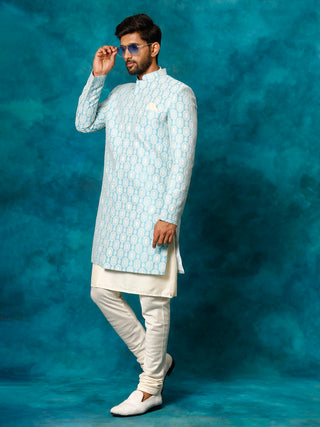 VASTRAMAY Men's Blue Imported Jacquard Indo With Kurta Pyjama Set