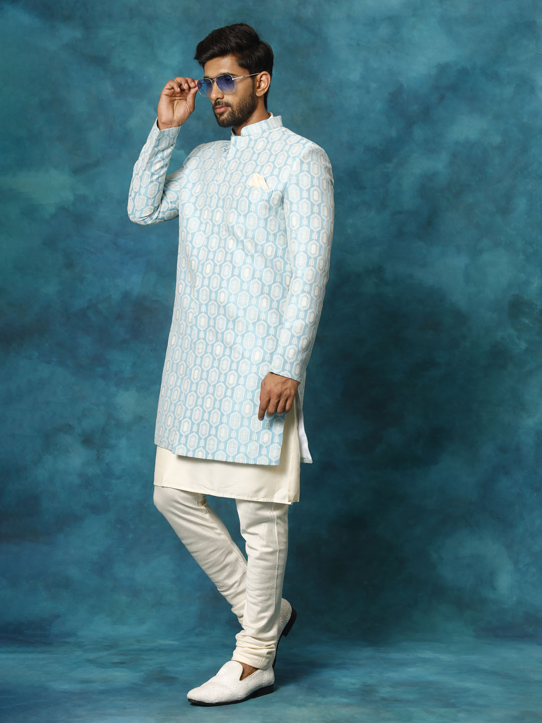 Men's Blue Imported Jacquard Indo With Kurta Pyjama Set