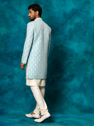 VASTRAMAY Men's Blue Imported Jacquard Indo With Kurta Pyjama Set