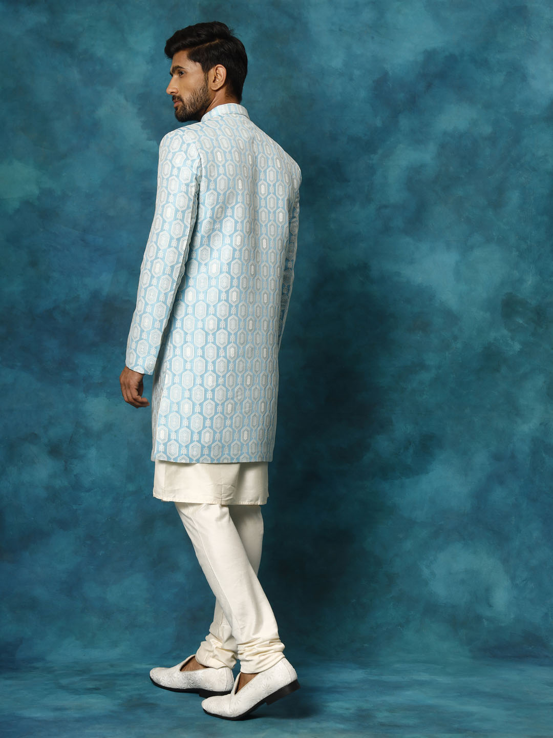 Men's Blue Imported Jacquard Indo With Kurta Pyjama Set
