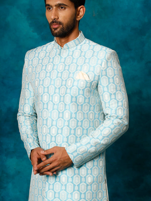 Men's Blue Imported Jacquard Indo With Kurta Pyjama Set