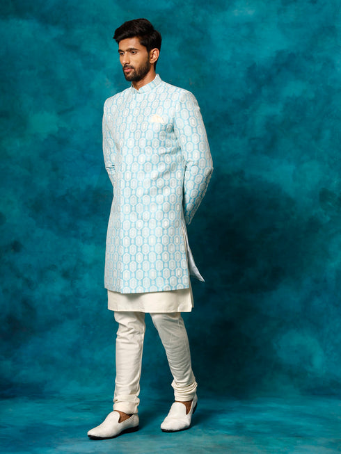 Men's Blue Imported Jacquard Indo With Kurta Pyjama Set