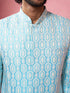 Men's Blue Jacquard Indo-Western Kurta with Cream Trousers