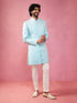 Men's Blue Jacquard Indo-Western Kurta with Cream Trousers