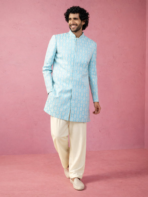 Blue Silk Blend Jacquard Indo-Western Set with Pants