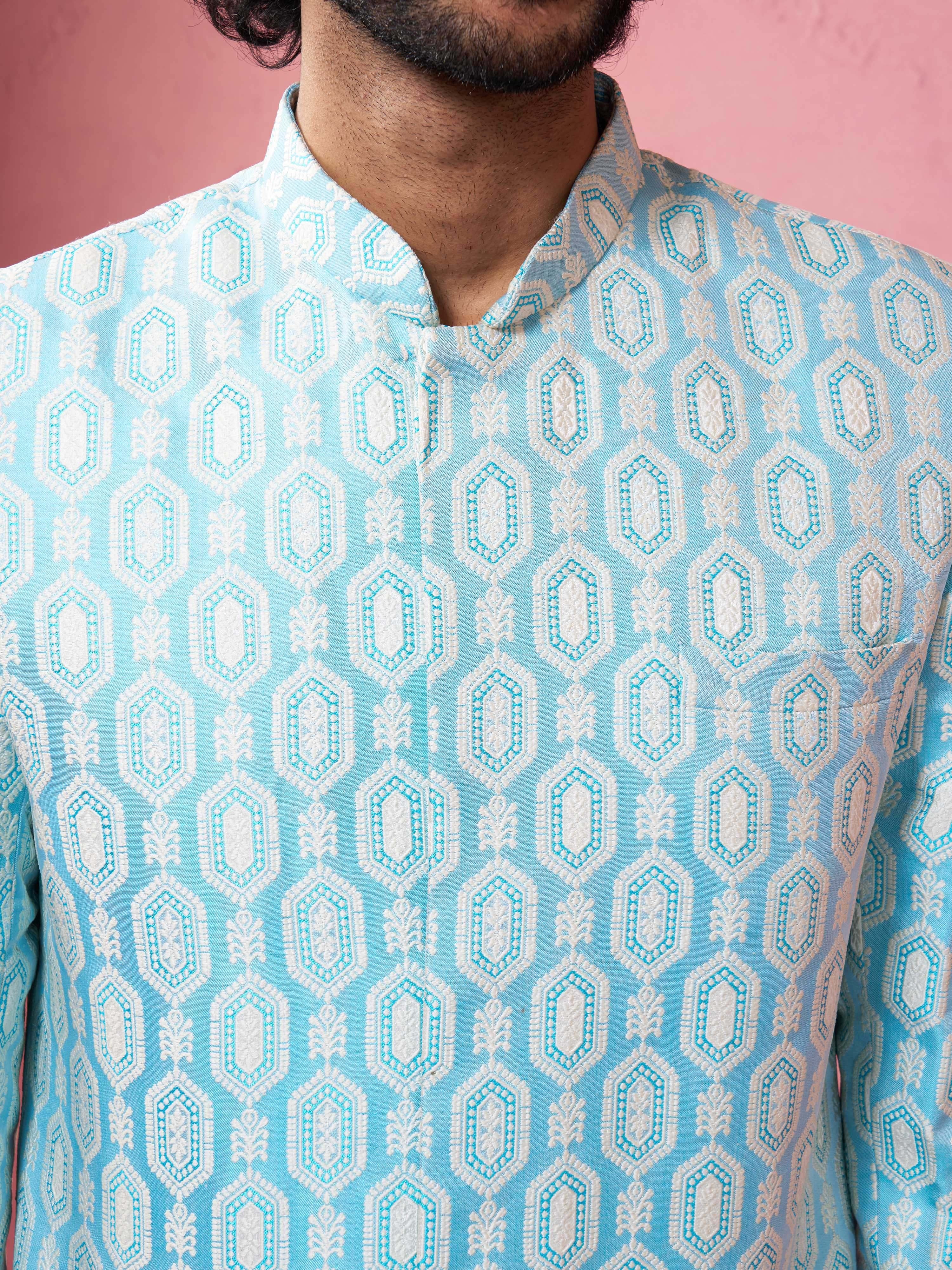 Men's Blue Silk-Blend Ethnic Motiff Knee Length Indo Western Set with Wide Leg Pant