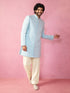 Men's Blue Silk-Blend Ethnic Motiff Knee Length Indo Western Set with Wide Leg Pant