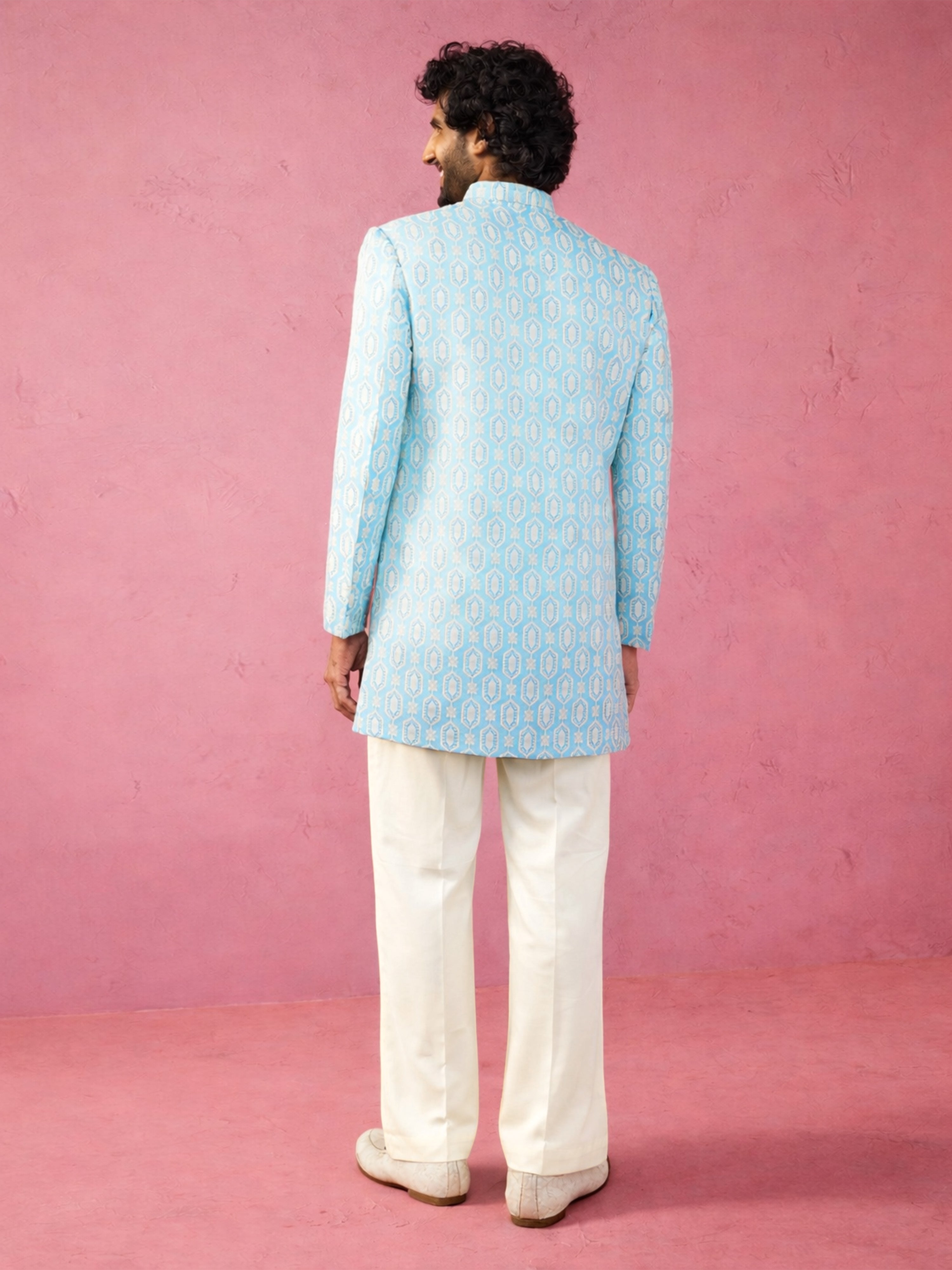 Men's Blue Silk-Blend Ethnic Motiff Knee Length Indo Western Set with Wide Leg Pant