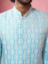 Men's Sky Blue Geometric Jacquard Woven Design Thigh Length Indo-Western Set with Wide Leg Pant