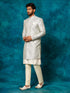 Men Grey Jacquard Silk Blend Indo-Western with Cream Kurta & Pant Set