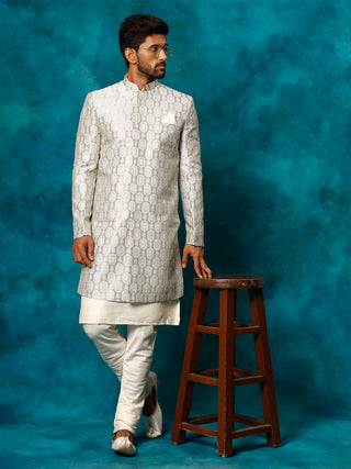VASTRAMAY Men's Grey Imported Jacquard Indo With Kurta Pyjama Set