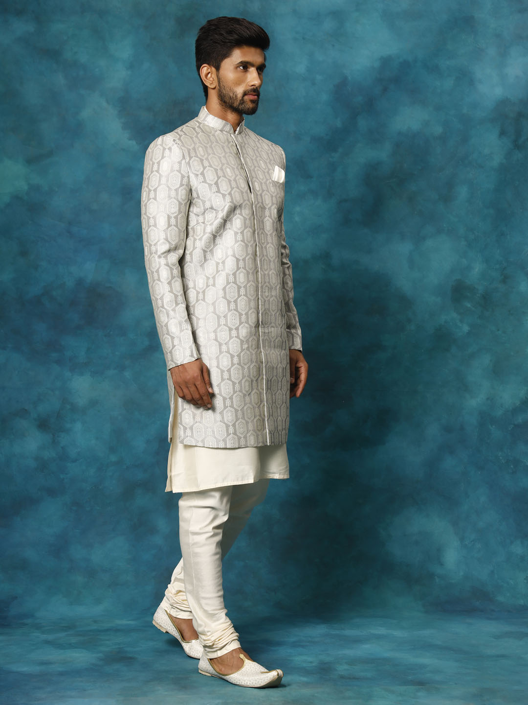Men's Grey Imported Jacquard Indo With Kurta Pyjama Set