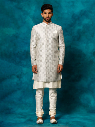 VASTRAMAY Men's Grey Imported Jacquard Indo With Kurta Pyjama Set