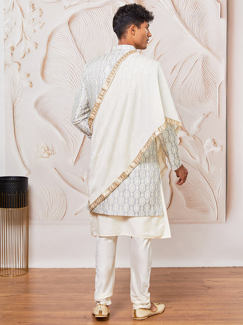 Men's Grey Silk Blend Indowestern, Kurta Pyjama And Dupatta Set